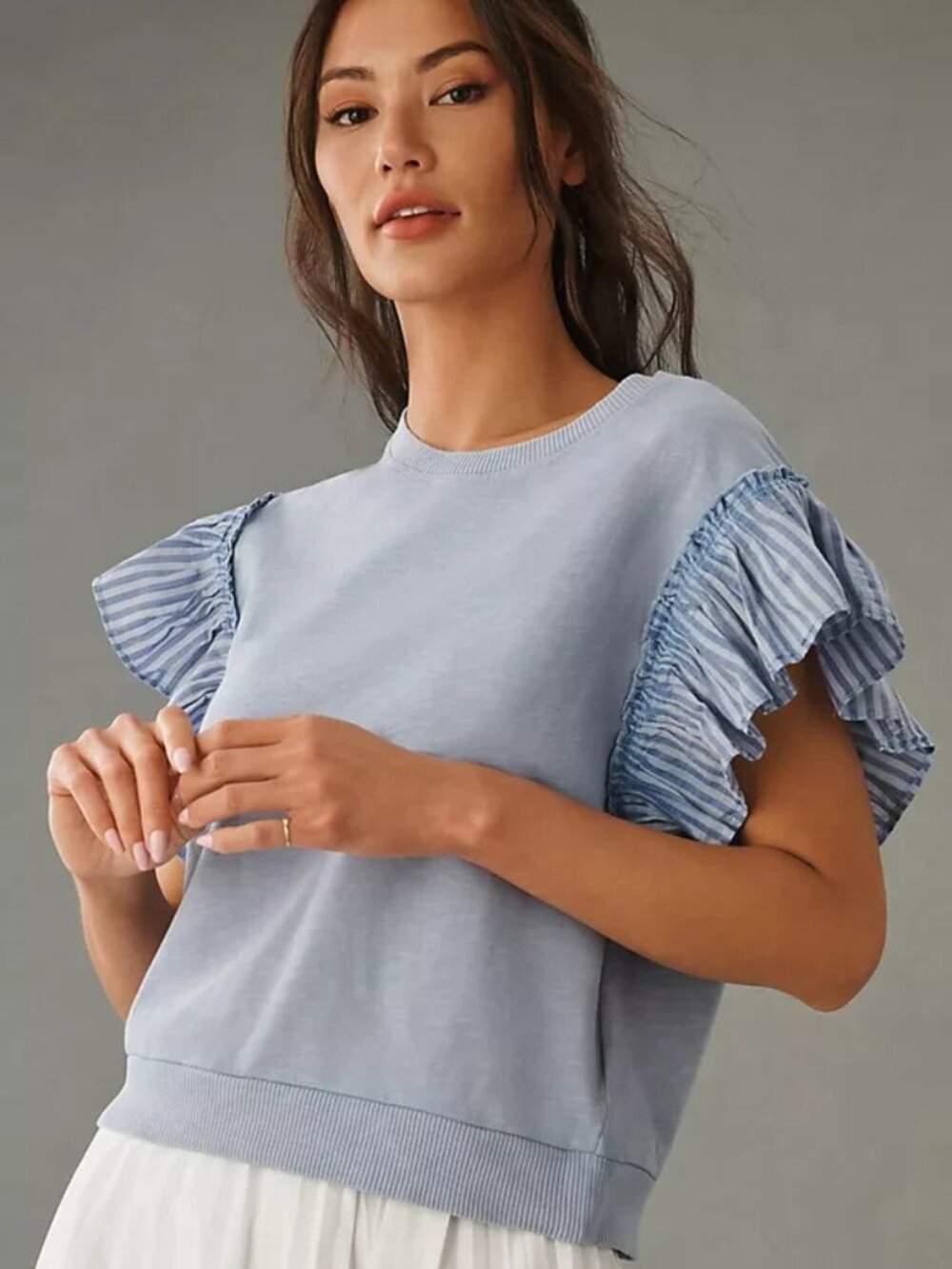 Pilcro Chambray Flutter-Sleeve Sweatshirt Tee Striped Printed Blouse Top XSP